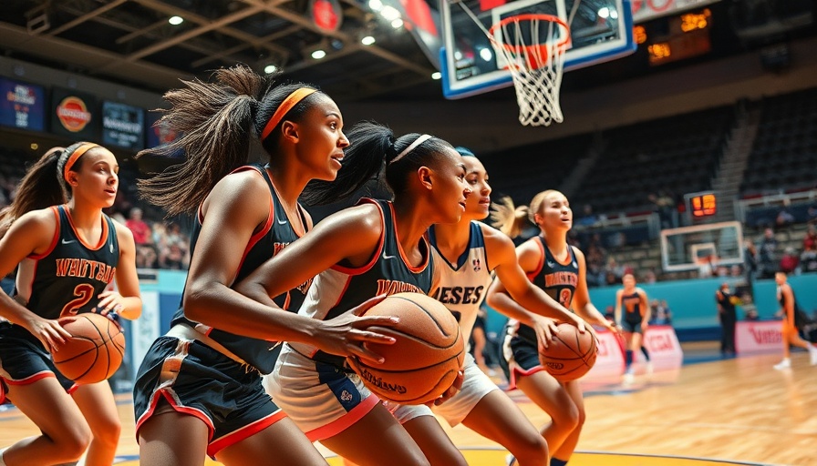 WNBA players strategizing and playing in vibrant yellow and green uniforms.