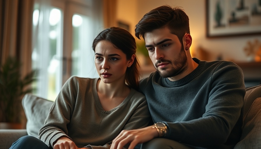 Young couple sitting with concern at home, discussing forgiveness stigma