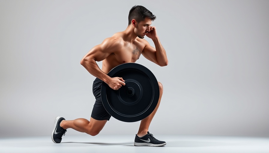 Athletic man demonstrating fitness technique with weight plate against a gradient background.