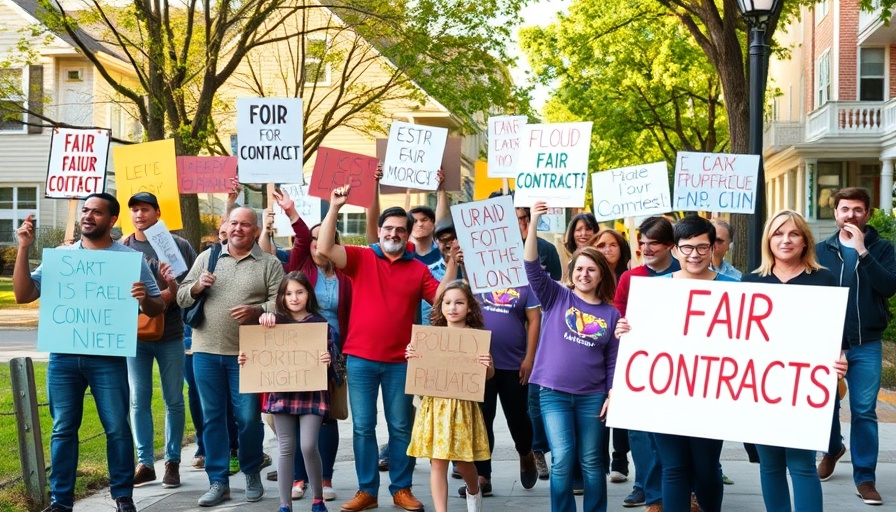 Diverse group protesting for fair contracts at a senior care site, vibrant signs.