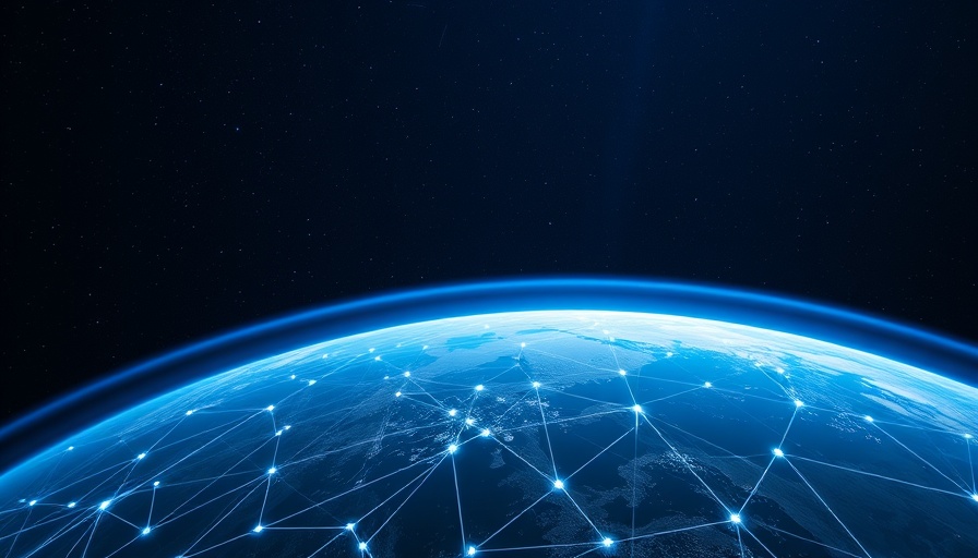 Futuristic space view of Earth with digital network overlay.