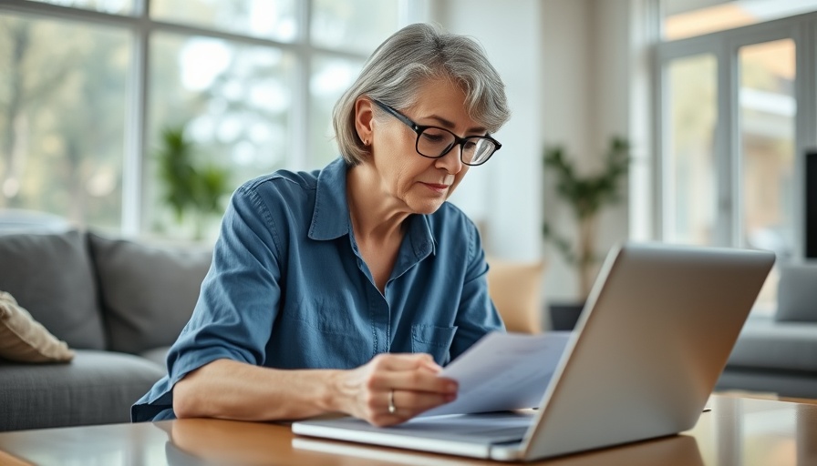 Mature woman researching UK state pension age changes on laptop.