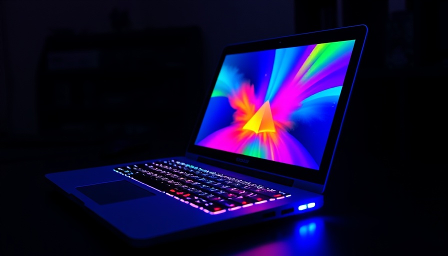 Colorful illuminated laptop in dark environment reflecting vibrant screen.