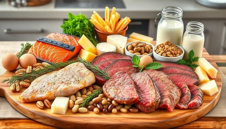 Assortment of protein-rich foods illustrating daily protein needs for seniors.