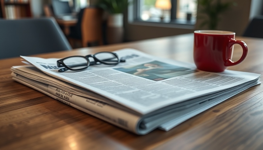 Newspaper press release, red cup, glasses, wooden table.