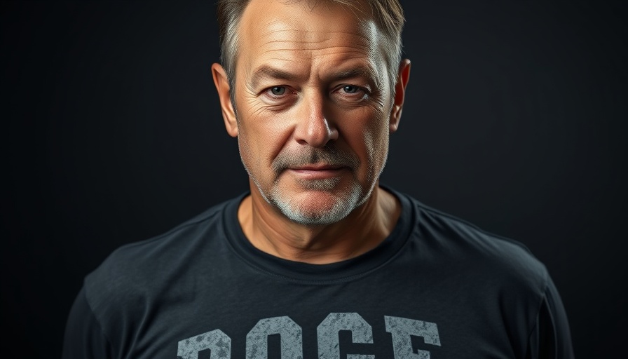 Confident man revealing 'DOGE' shirt, dark background.