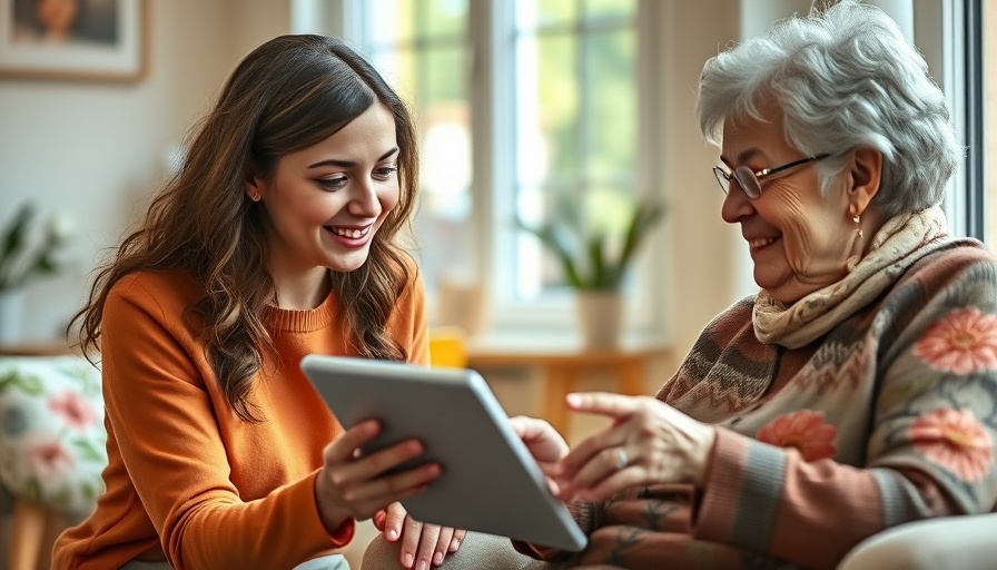 Caregiver explains tablet use to elderly woman, representing caregiver background checks.