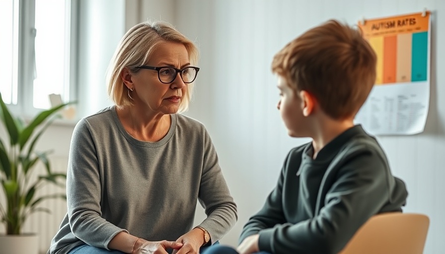 Therapist discussing autism with child, chart overlay.