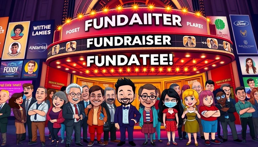 Colorful Autism In Entertainment Fundraiser poster with cartoon and portraits.