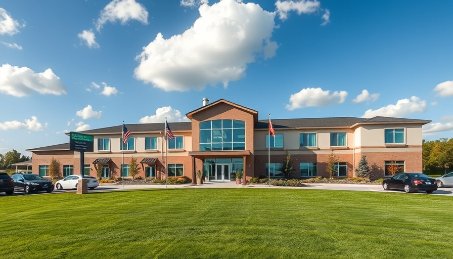 Modern retirement housing facility in Muskegon under a blue sky.