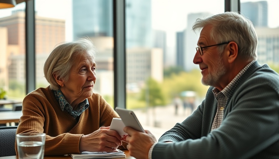 Older couple discussing Social Security benefits in a sunny cafe.