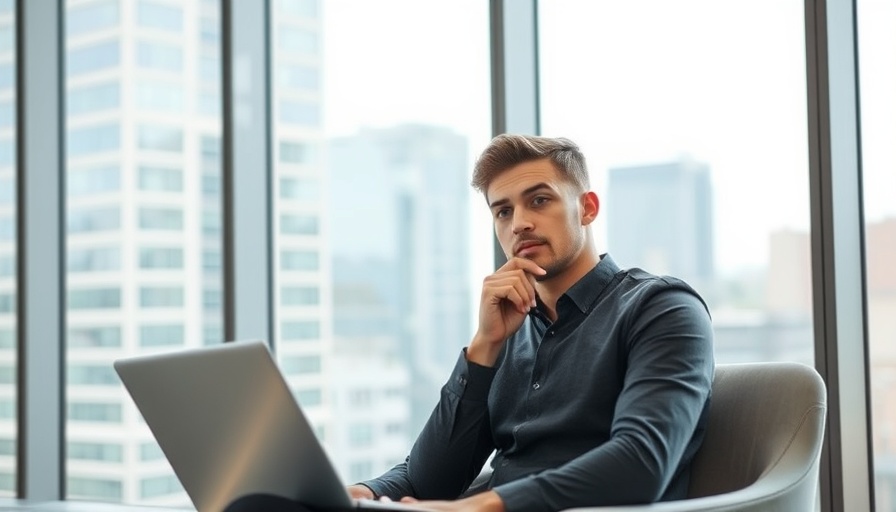 Young man contemplating retirement savings at a laptop in US office