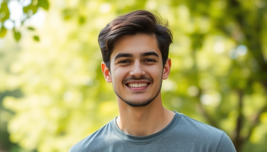 Young man smiling softly in a green outdoor setting