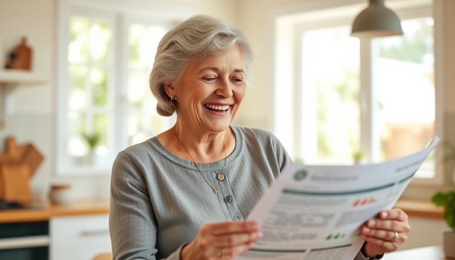 Smiling woman reviewing documents in a bright kitchen setting.
