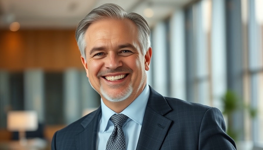 Middle-aged man in suit smiling indoors, business setting.