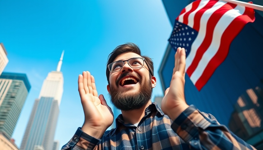 Apply for Social Security in Muskegon with skyscrapers and a flag.