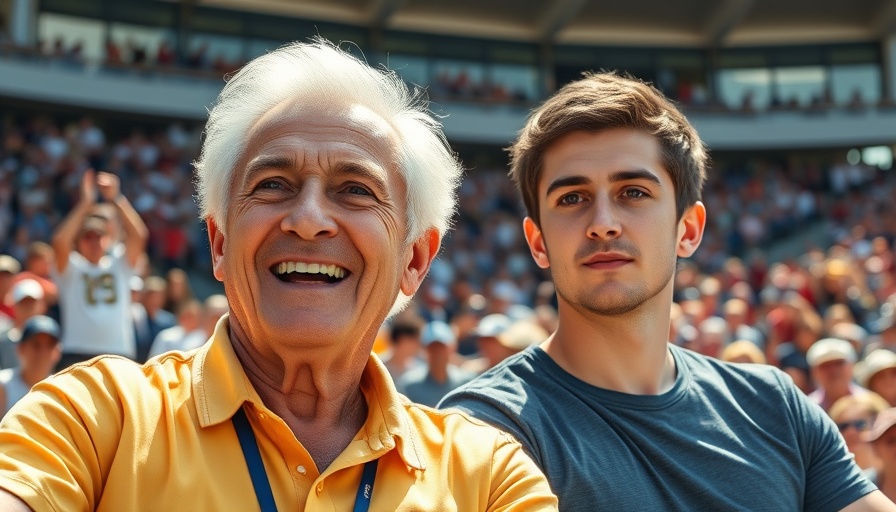 Smiling man and serious young man at a stadium event under the sun.
