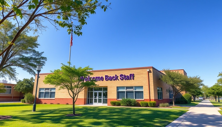 Education center exterior with welcome sign in sunny, green setting.