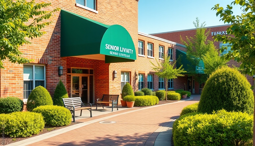 Entrance of senior living community with green awning.