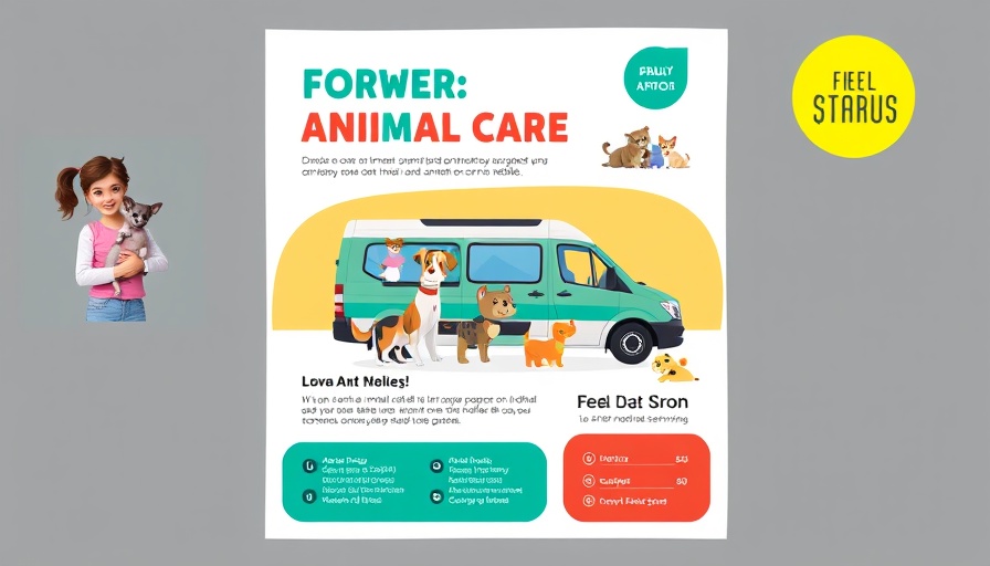 Flyer for free animal care services in Joshua Tree featuring a woman with dog and service van.