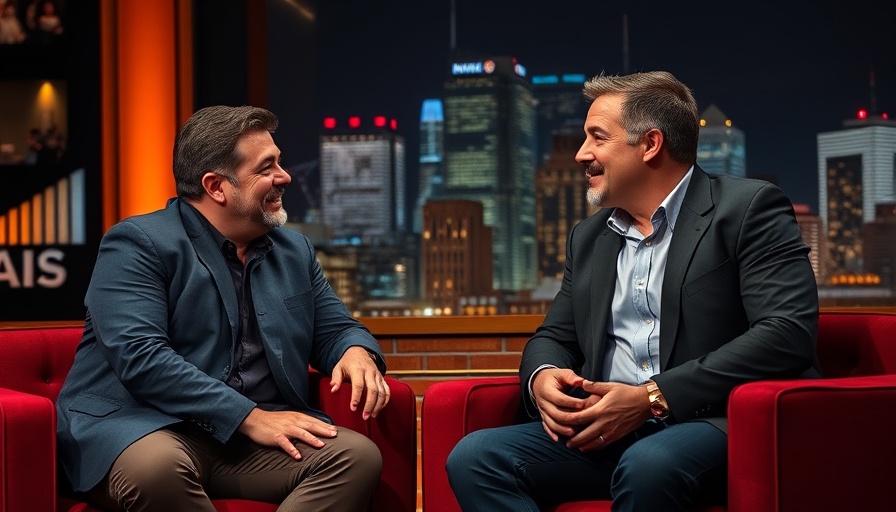 Engaging discussion on talk show set with cityscape backdrop.