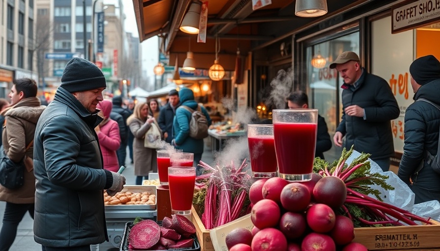 Vendor making beet juice at busy street market, highlighting benefits for older adults.