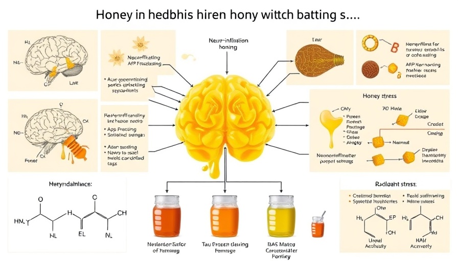 Honey protects brain: diagram showing health effects, honey types, mechanisms.