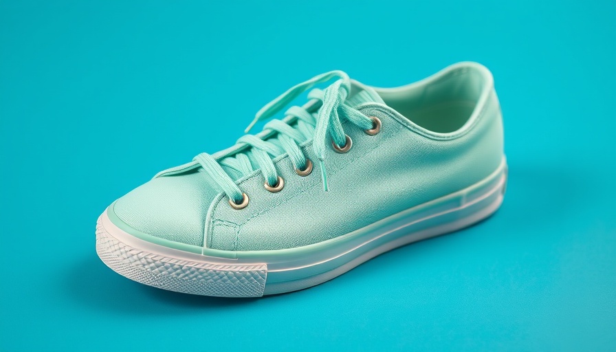 Close-up of mint green sneakers on blue background, highlighting walking benefits for brain health.