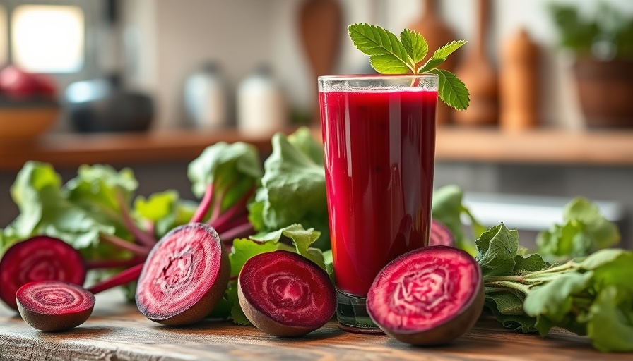 Vibrant glass of beet juice on wooden table with fresh beets.