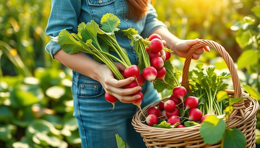 Gardener harvesting radishes from backyard planting box in Muskegon.