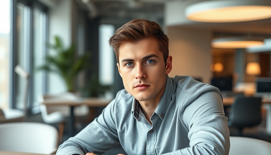 Young man discussing carbon capture breakthrough in office.
