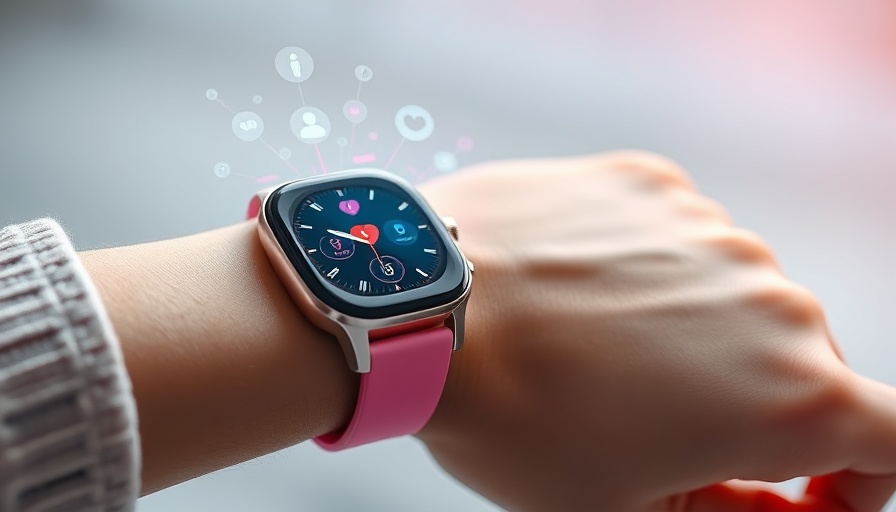 Modern wearable medical device with pink wristband displaying health data.