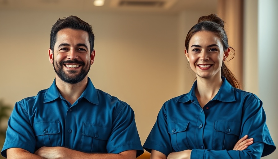 Team members promote senior home safety near company banner.