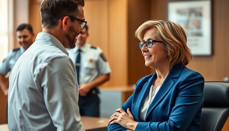 Office scene with discussion between woman and officers related to Medicaid Advantage plans.
