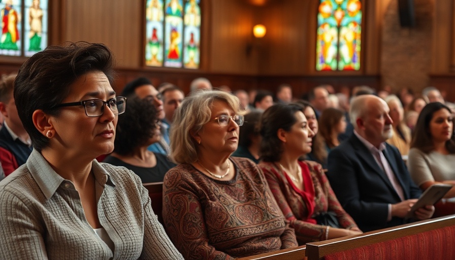 Community meeting in church setting with stained-glass windows.