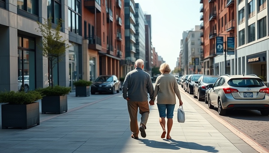 Elderly couple walking on city sidewalk, best cities for retirees environment.