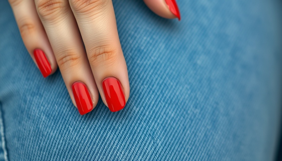 Red nail theory: hand with red nails on denim.