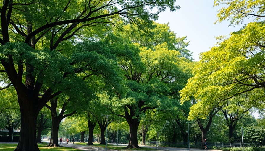 Lush green trees in University of New Mexico's arboretum.