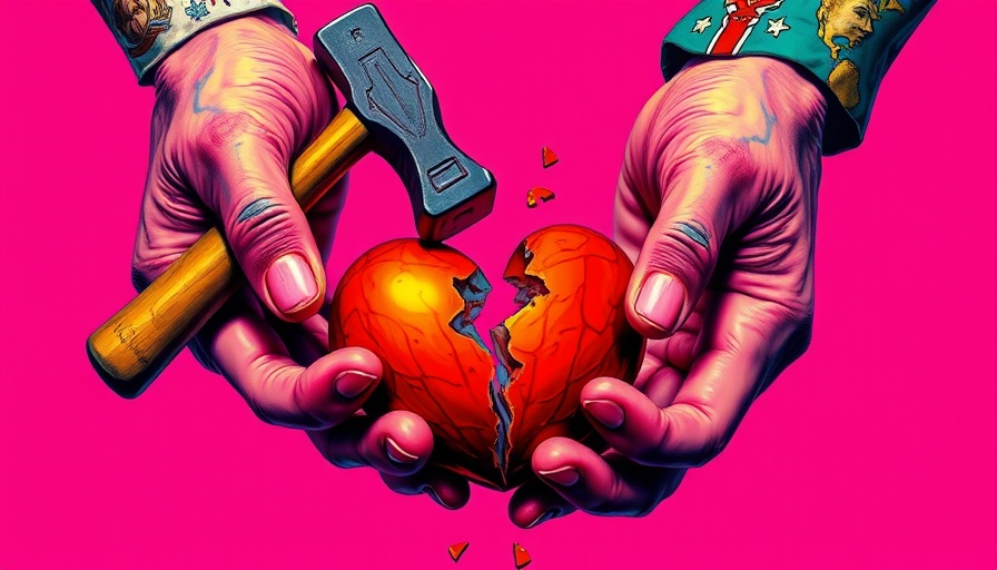Pop art image of hands with hammer and broken hearts symbolizing broken friendships.