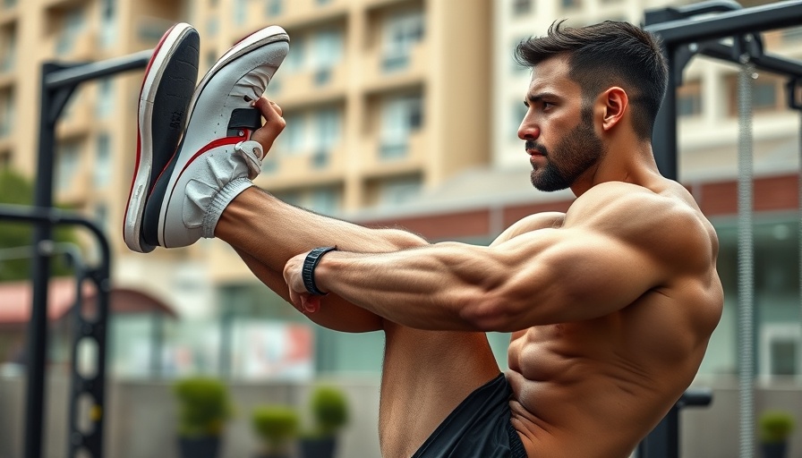 Muscular man exercising outdoors, performing leg raises, urban gym.