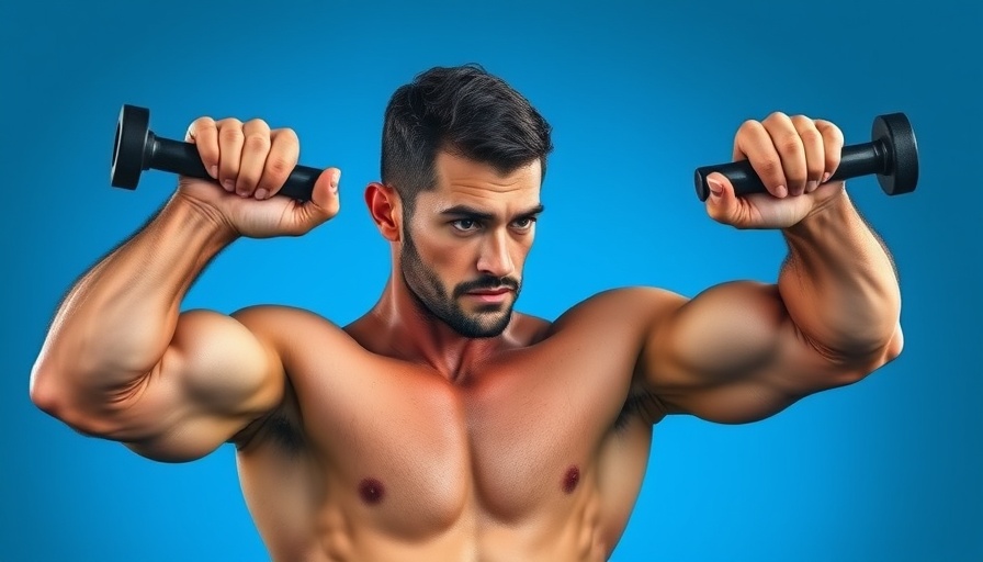 Man performing California Press for stronger triceps on a blue background.