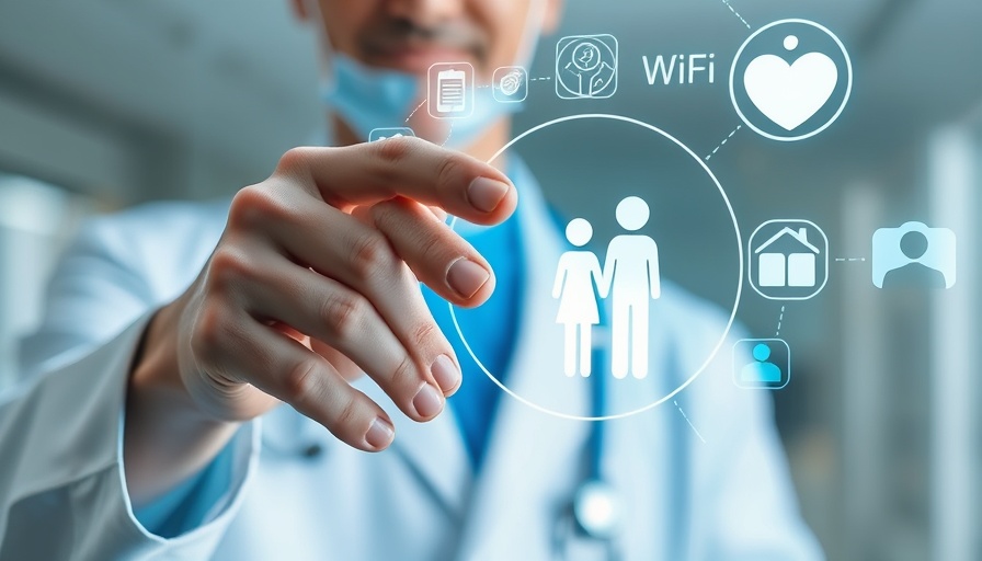 Doctor using Wi-Fi health monitoring technology with digital icons