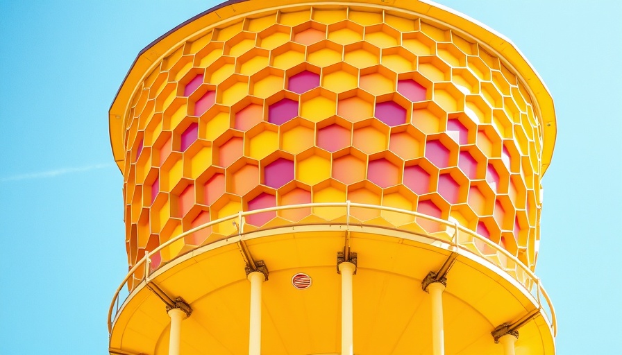Valley Center water tower with vibrant honeycomb pattern.