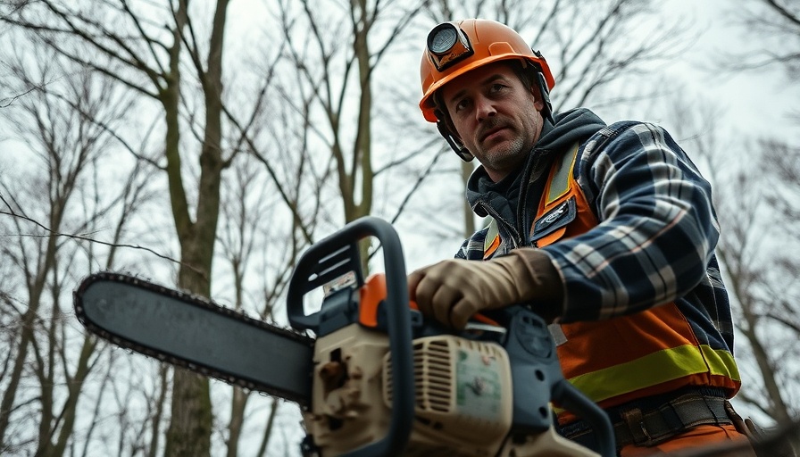 MLGW tree trimming project worker using a chainsaw in a tree.