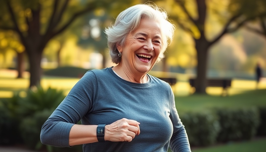 Older woman exercising with a fitness tracker in a sunny park.