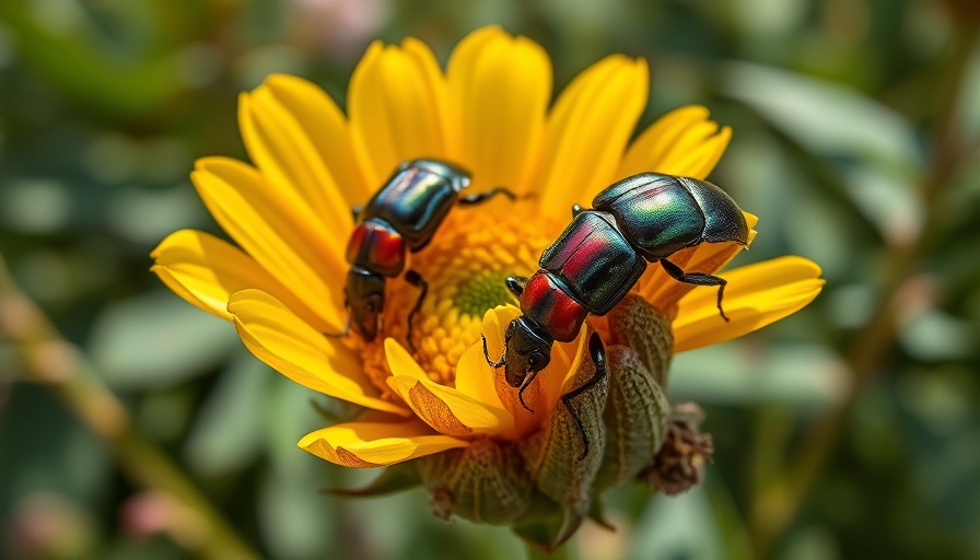 Close-up of Japanese beetles on a yellow flower in a garden.