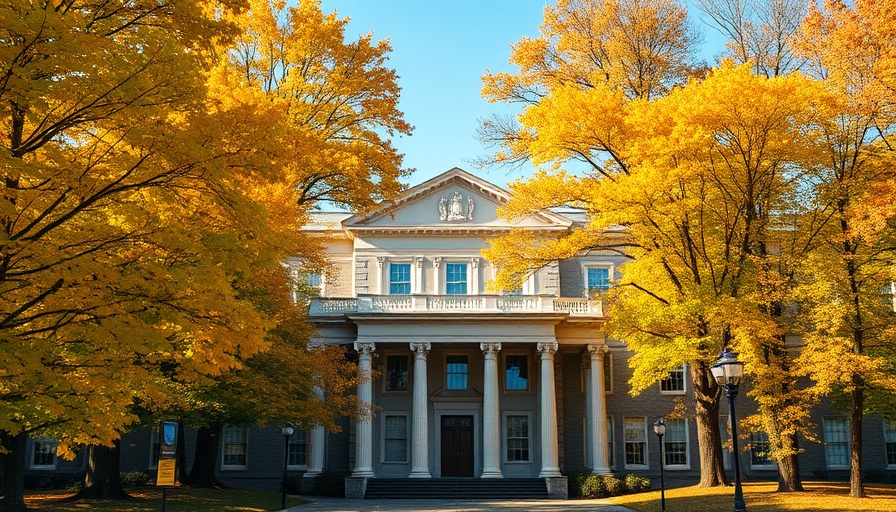 Harvard building with autumn trees, vibrant foliage