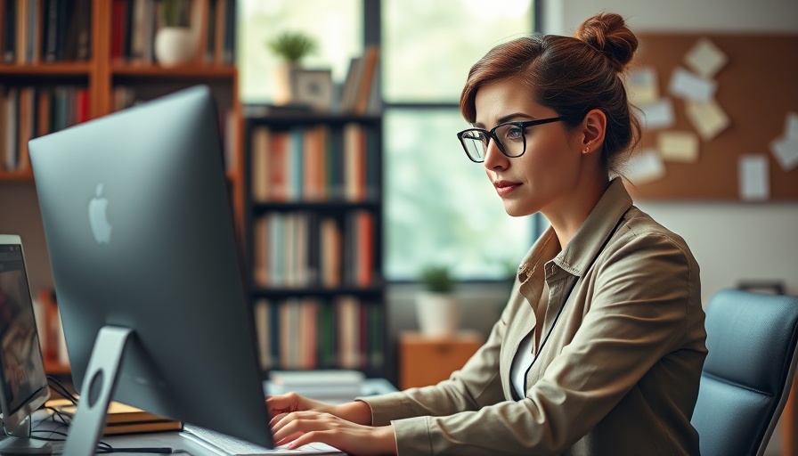 Telehealth professional working in an office, focused on computer