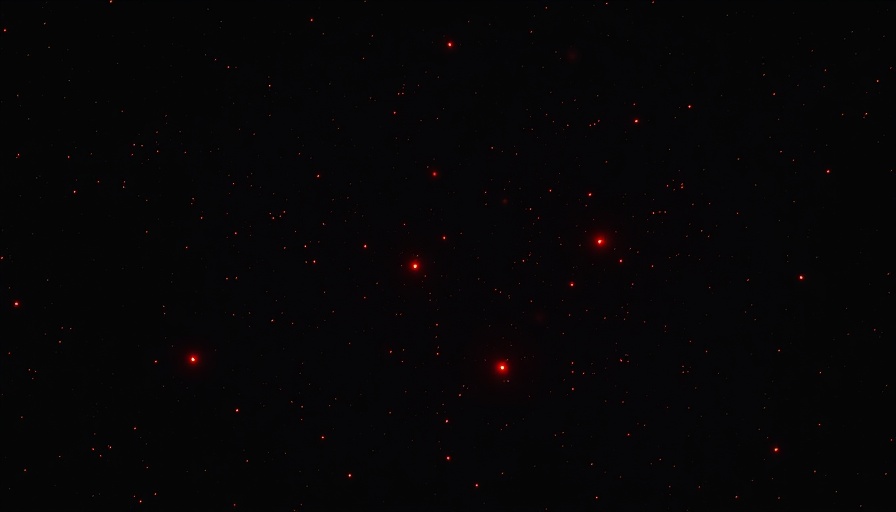 Galactic red dots glowing in deep space with cosmic coordinates.