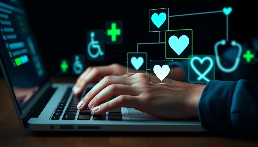 Hands typing with digital healthcare icons overlay for Medicare Advantage plan comparisons Muskegon.